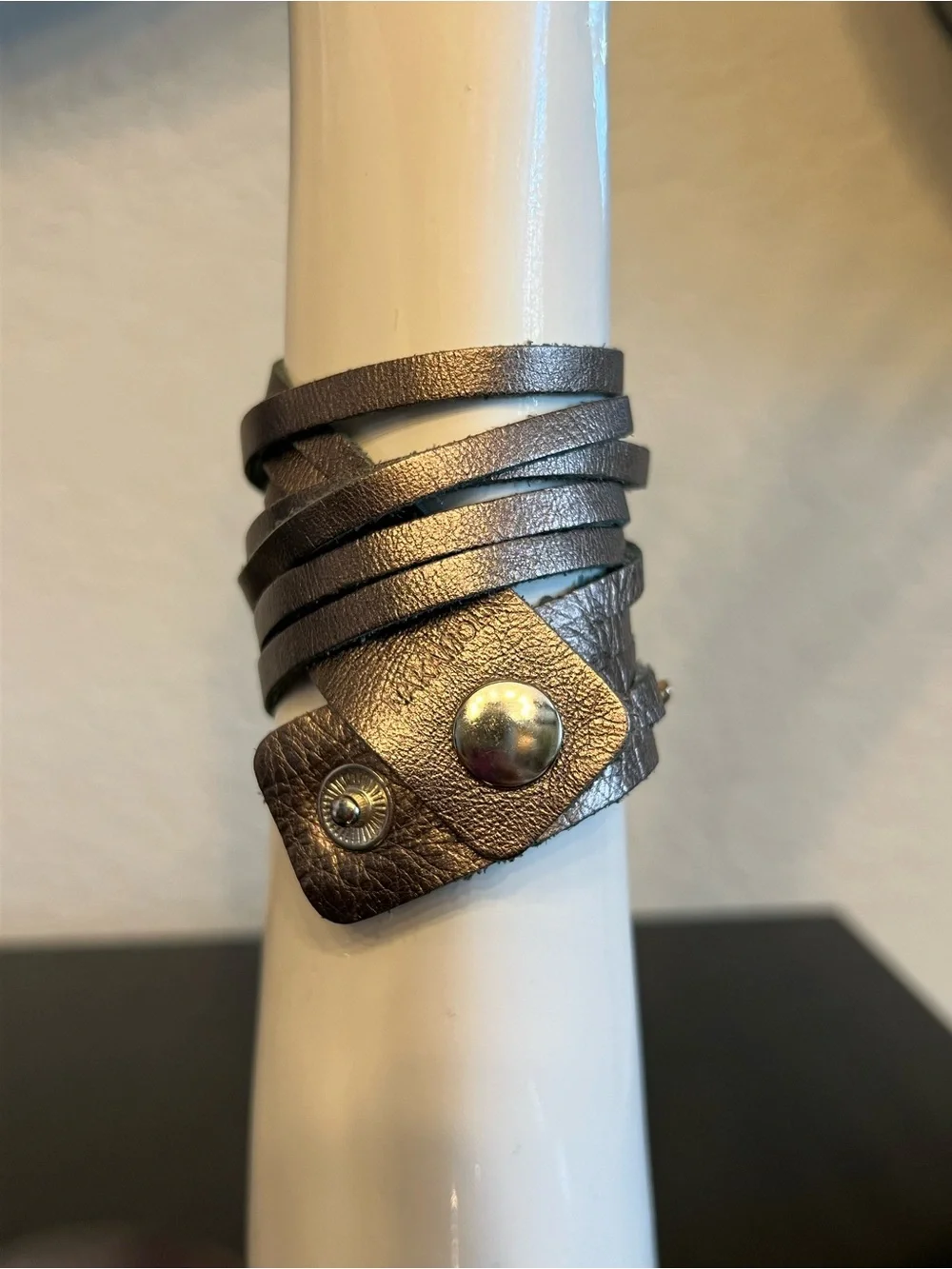 Nakamol Brown Leather Wrap Bracelet with Green Stone and Gold Accents